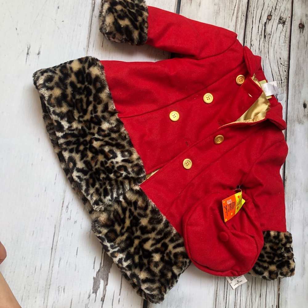 Red & cheetah winter jacket with matching hat